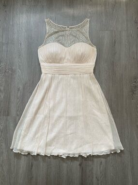 Forever New Cream Beaded Mesh Yoke Mini Dress